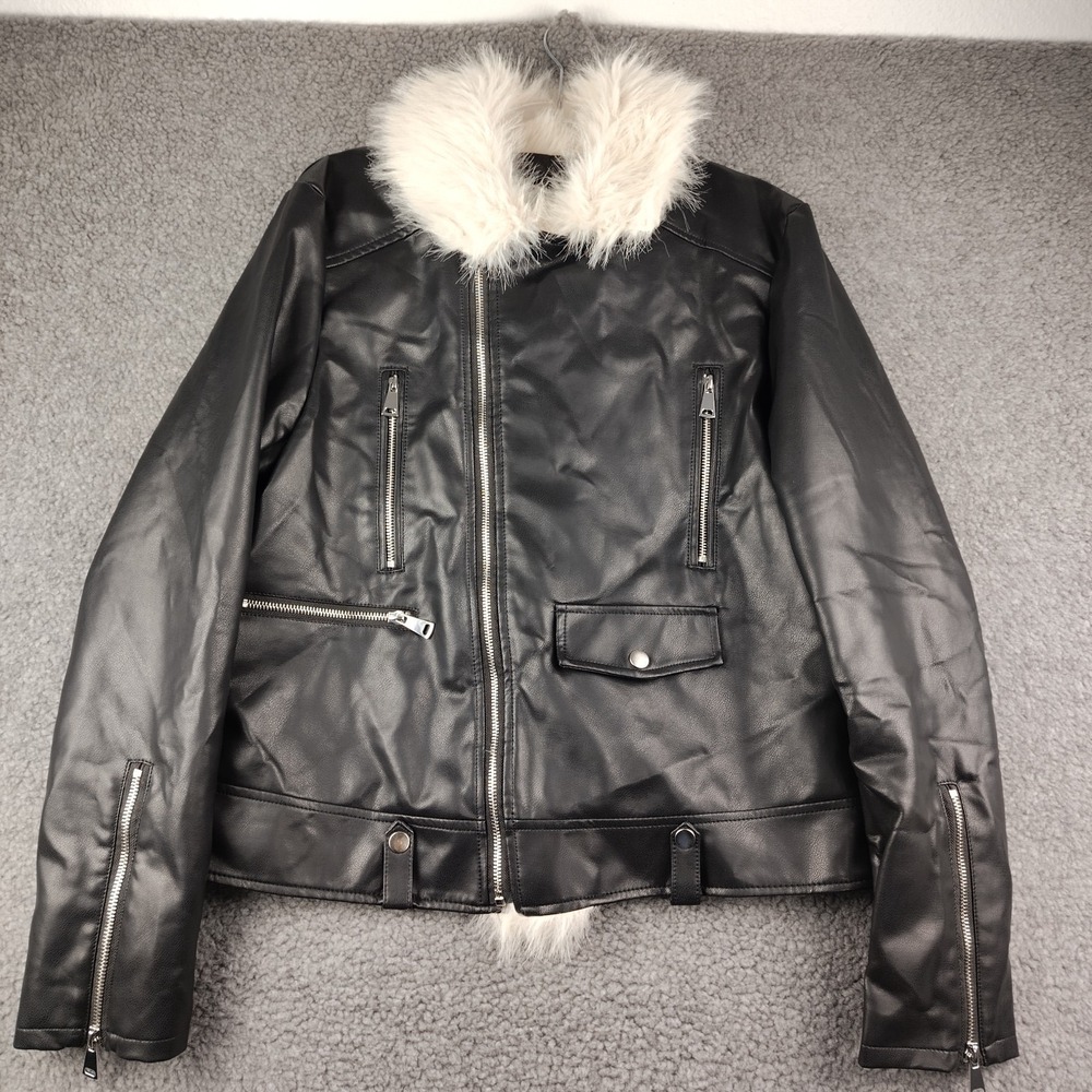 Fashion Nova Faux Leather Jacket Black Moto Size XL Women's Faux Fur Collar NWT